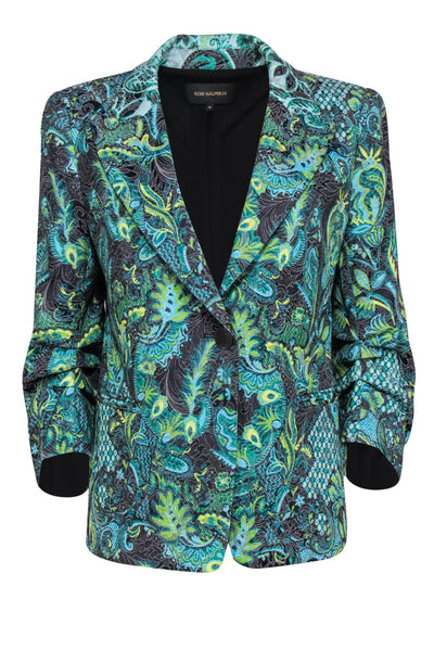 Current Boutique-Kobi Halperin - Green, Blue & Black Bohemian Print Ruched Sleeve Blazer Sz M