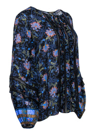 Current Boutique-Kobi Halperin - Navy Floral Print “Brynn” Blouse w/ Lace & Ruffled Trim Sz M