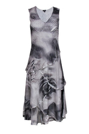 Current Boutique-Komarov - Gray Floral Printed Tiered Midi Dress Sz S