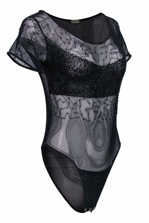 Current Boutique-Krizia - Black Sheer Short Sleeve Beaded Bodysuit Sz M