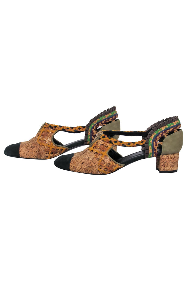 Current Boutique-Kronkron - Tan & Muted Multicolor Woven Chunky Heels w/ Cutout Sz 10.5