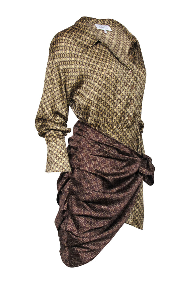 Current Boutique-L'Academie - Gold & Brown Print Satin Mini Shirtdress w/ Tie Wrap Contrast Overlay Sz M