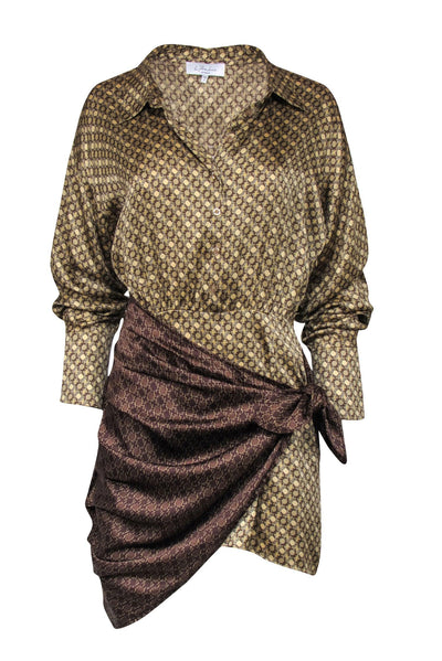 Current Boutique-L'Academie - Gold & Brown Print Satin Mini Shirtdress w/ Tie Wrap Contrast Overlay Sz M