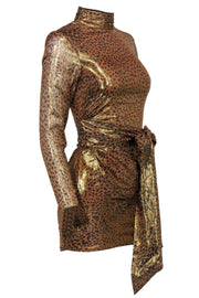 Current Boutique-L'Academie - Gold Leopard Print Mock Neck Ruched Bodycon Dress Sz XS