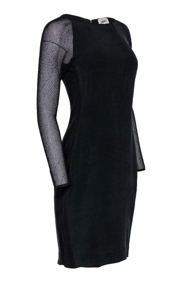 Current Boutique-L’Agence - Black Suede Textured Silk Dress w/ Mesh Sleeves Sz M