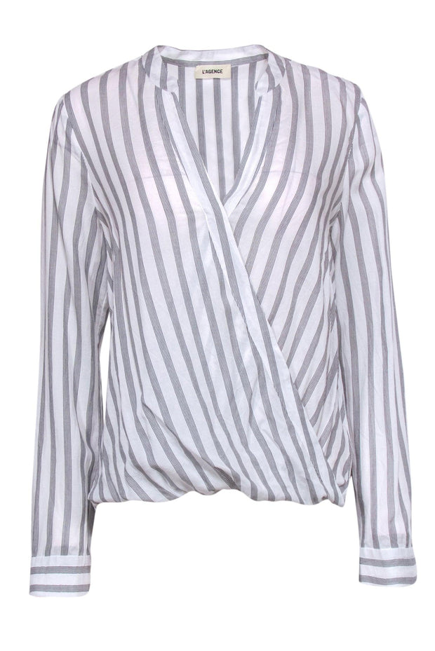 Current Boutique-L'Agence - Black & White Striped "Kyla" Draped Blouse Sz XS