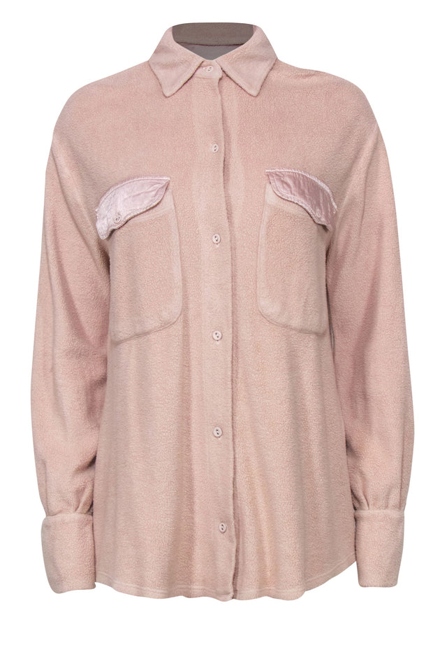 Current Boutique-LAmade - Beige Faux Sherpa Long Sleeve Button-Up Shacket Sz S