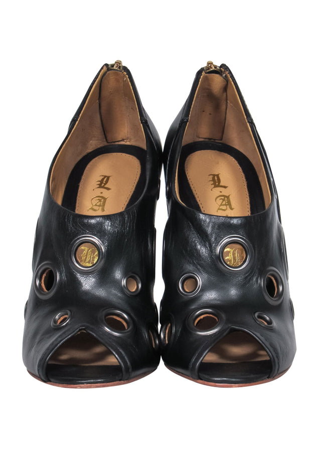 Current Boutique-L.A.M.B. - Black Leather Peep Toe Heels w/ Grommets Sz 6