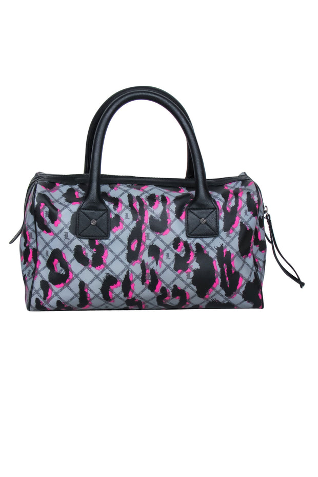 Current Boutique-L.A.M.B. - Grey, Black & Hot Pink Leopard & Monogram Print Leather Bowler-Style Handbag