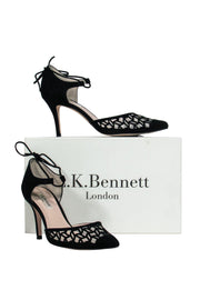 Current Boutique-L.K. Bennett - Black Suede & Mesh Pointed Toe Wrap Heels Sz 9.5