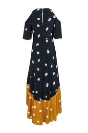 Current Boutique-L.K. Bennett - Navy, Mustard & White Polka Dot Cold Shoulder High-Low Maxi Dress Sz 4
