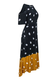 Current Boutique-L.K. Bennett - Navy, Mustard & White Polka Dot Cold Shoulder High-Low Maxi Dress Sz 4