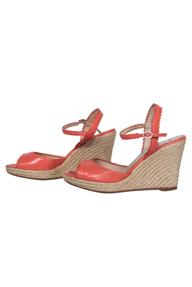 Current Boutique-L.K. Bennett - Pink Leather Scalloped Woven Peep Toe Wedges Sz 7