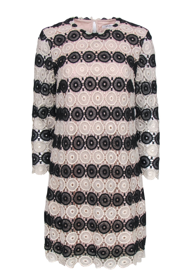 Current Boutique-L.K. Bennett - White & Black Crochet Long Sleeve Shift Dress Sz 8