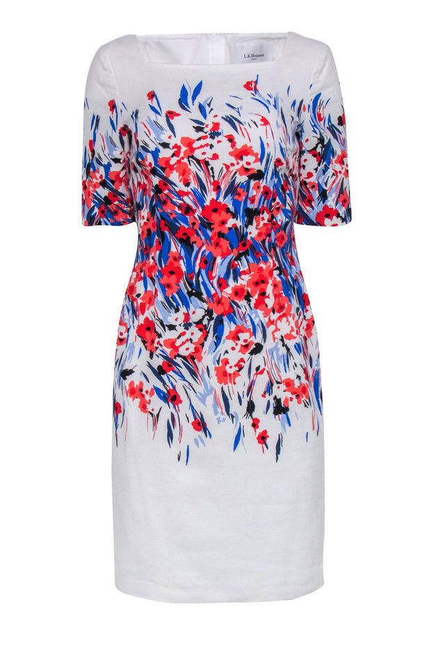 Current Boutique-L.K. Bennett - White, Red & Blue Floral Square Neck Sheath Dress Sz 6