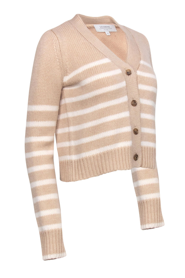 Current Boutique-La Ligne - Peach & White Striped Cropped Wool Blend Cardigan Sz S