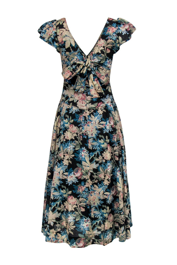 Current Boutique-La Vie Rebecca Taylor - Black, Beige & Blue Floral Print Cap Sleeve Maxi Dress Sz XS
