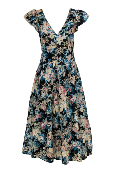 Current Boutique-La Vie Rebecca Taylor - Black, Beige & Blue Floral Print Cap Sleeve Maxi Dress Sz XS