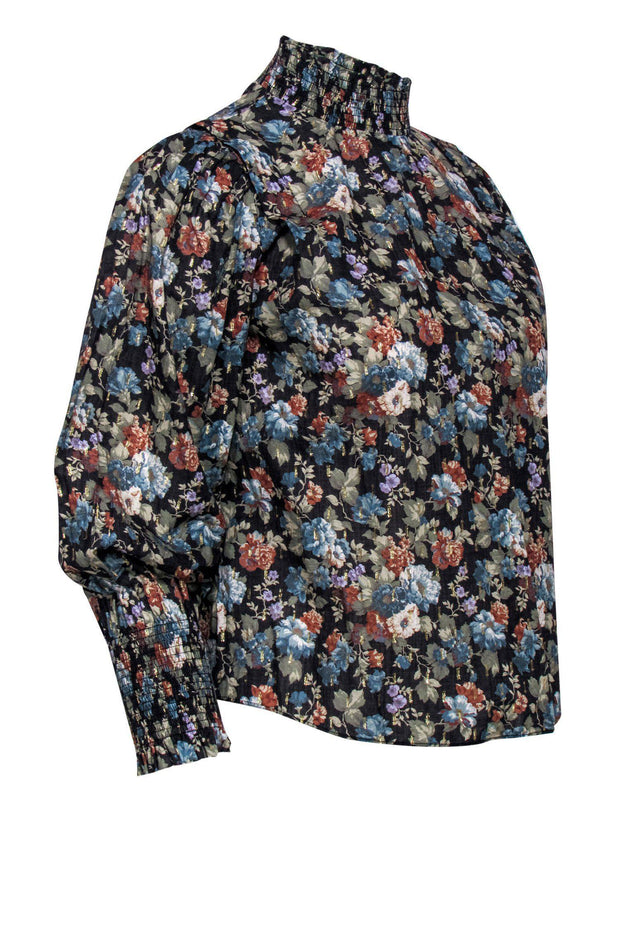 Current Boutique-La Vie Rebecca Taylor - Black Floral Print Shirt w/ Metallic Accents & Smocked Neck Sz S