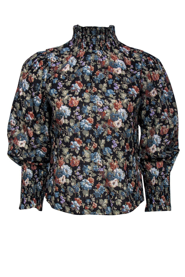 Current Boutique-La Vie Rebecca Taylor - Black Floral Print Shirt w/ Metallic Accents & Smocked Neck Sz S