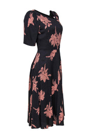 Current Boutique-La Vie Rebecca Taylor - Dark Grey & Pink Floral Print Puff Sleeve Midi Dress Sz M