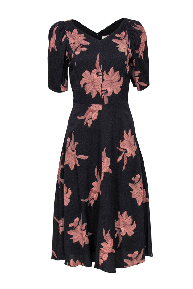 Current Boutique-La Vie Rebecca Taylor - Dark Grey & Pink Floral Print Puff Sleeve Midi Dress Sz M