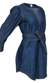 Current Boutique-La Vie Rebecca Taylor - Dark Wash Denim Puff Sleeve Belted Shift Dress Sz M
