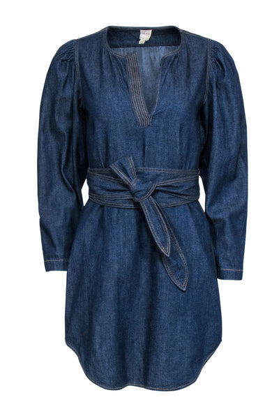 Current Boutique-La Vie Rebecca Taylor - Dark Wash Denim Puff Sleeve Belted Shift Dress Sz M