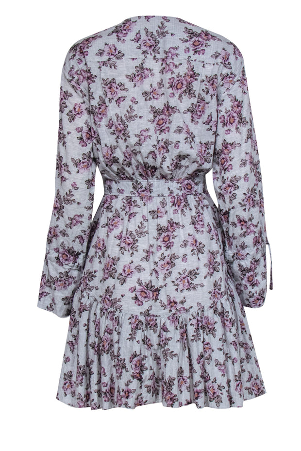 Current Boutique-La Vie Rebecca Taylor - Grey & Purple Floral Print Bell Sleeve Shirtdress Sz M