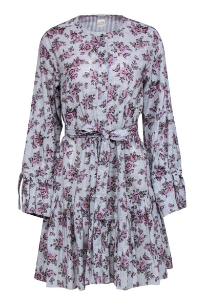 Current Boutique-La Vie Rebecca Taylor - Grey & Purple Floral Print Bell Sleeve Shirtdress Sz M