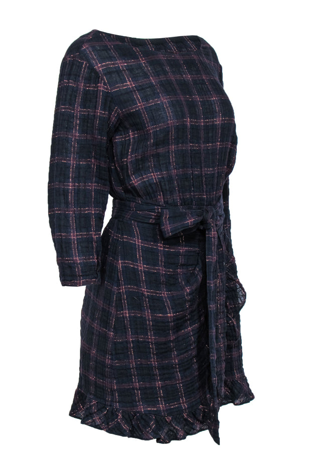 Current Boutique-La Vie Rebecca Taylor - Navy, Red & Metallic Thread Plaid Dress w/ Faux Wrap Skirt Sz M