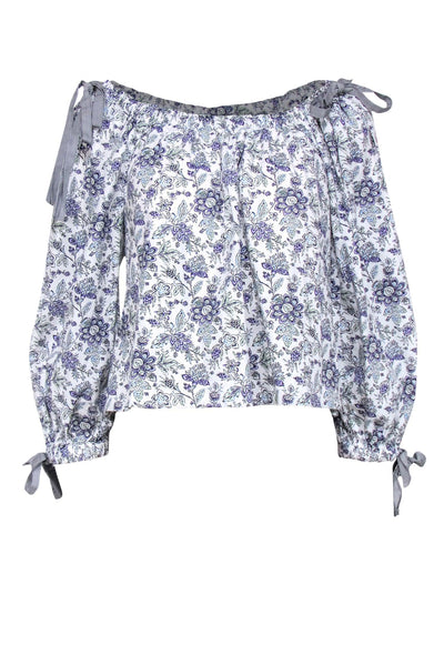 Current Boutique-La Vie Rebecca Taylor - White & Purple Floral Off-the-Shoulder Blouse Sz M