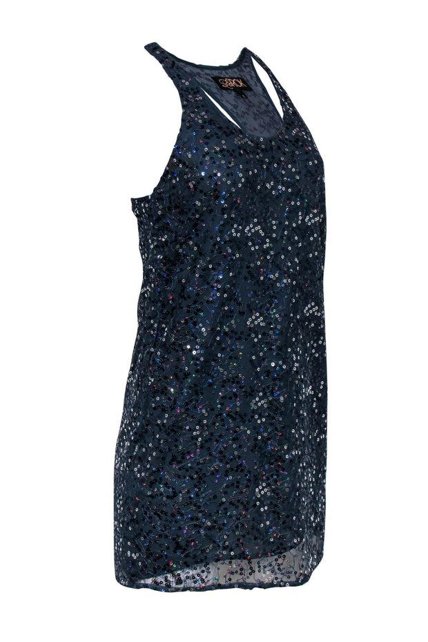 Current Boutique-LaROK - Slate Blue Sequin Sleeveless Racerback Shift Dress Sz S