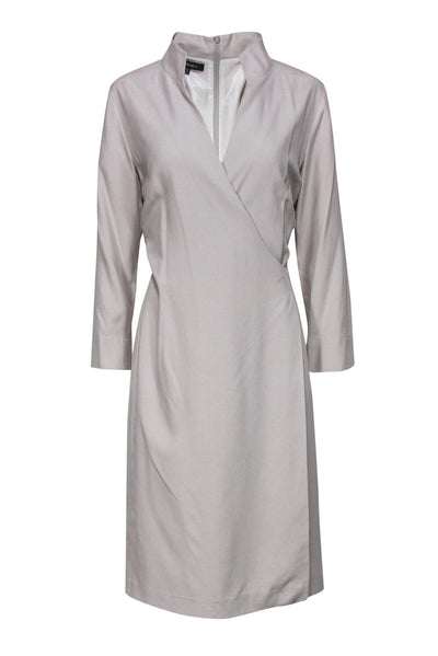 Current Boutique-Lafayette 148 - Beige Silk Long Sleeve Faux Wrap Dress Sz 10