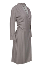 Current Boutique-Lafayette 148 - Beige Silk Long Sleeve Faux Wrap Dress Sz 12