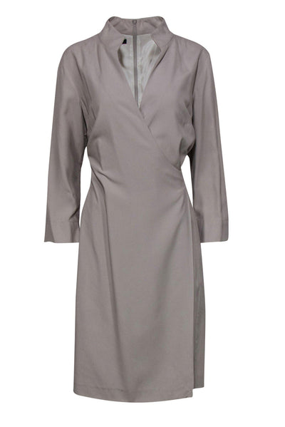 Current Boutique-Lafayette 148 - Beige Silk Long Sleeve Faux Wrap Dress Sz 12