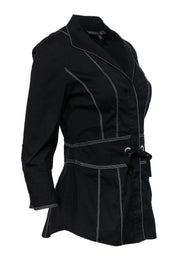 Current Boutique-Lafayette 148 - Black Button-Up Long Sleeve Blouse w/ White Stitching Sz 4