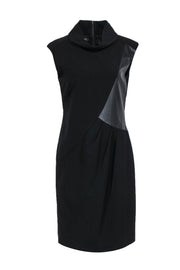 Current Boutique-Lafayette 148 - Black Fitted Sheath Dress w/ Cowl Neckline & Leather Panel Sz 8