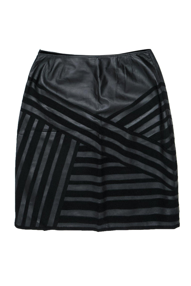 Current Boutique-Lafayette 148 - Black Leather Pencil Skirt w/ Ribbon Accents Sz 12
