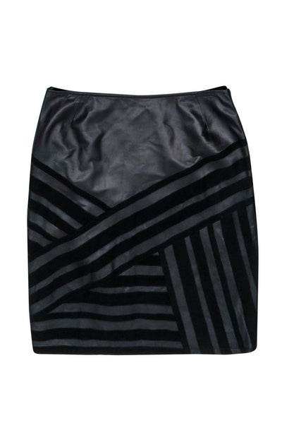 Current Boutique-Lafayette 148 - Black Leather Pencil Skirt w/ Striped Trim Sz 4