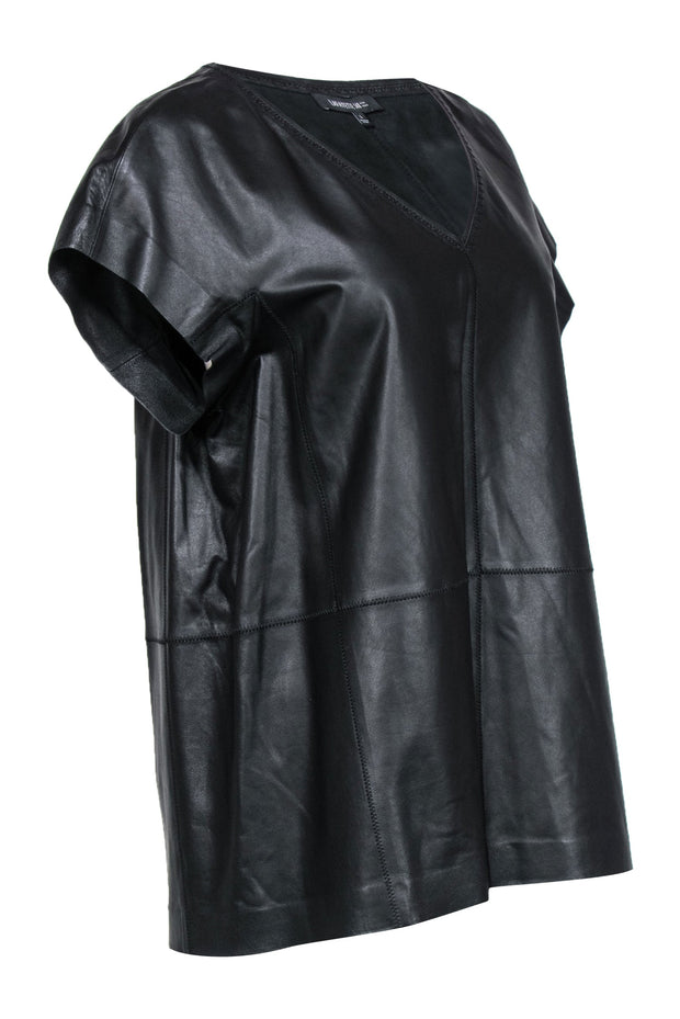 Current Boutique-Lafayette 148 - Black Leather Short Sleeve Top w/ Stitched Trim Sz L
