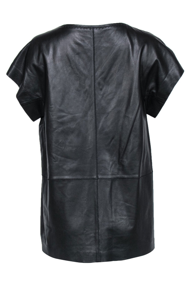 Current Boutique-Lafayette 148 - Black Leather Short Sleeve Top w/ Stitched Trim Sz L