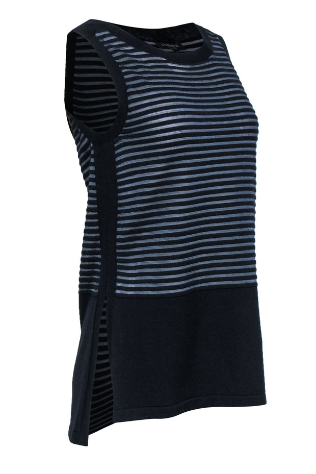 Current Boutique-Lafayette 148 - Black Ribbed Tank Top w/ Sheer Gray Stripes Sz S