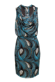 Current Boutique-Lafayette 148 - Blue & Brown Printed Silk Cowl Neck Dress Sz 6