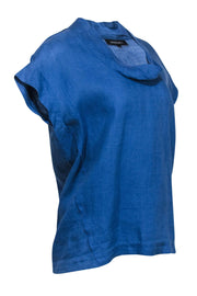 Current Boutique-Lafayette 148 - Blue Linen Short Sleeve Cowl Neck Top Sz S