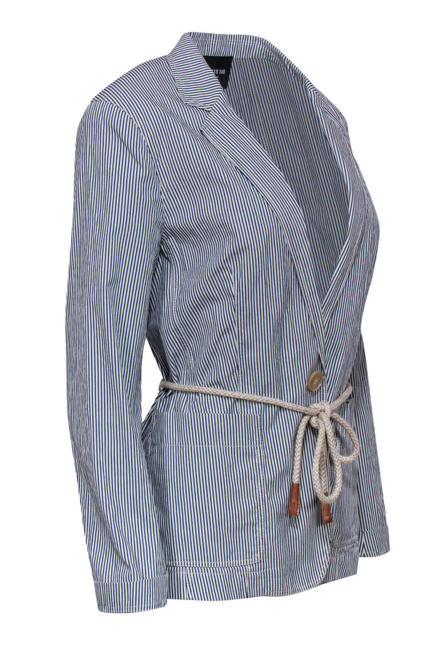Current Boutique-Lafayette 148 - Blue & White Striped Single Button Blazer w/ Rope Belt Sz 10