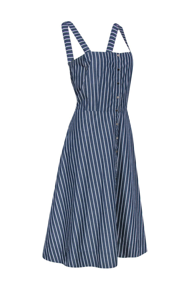 Current Boutique-Lafayette 148 - Blue & White Striped Sleeveless Button-Up A-Line Midi Dress Sz 14
