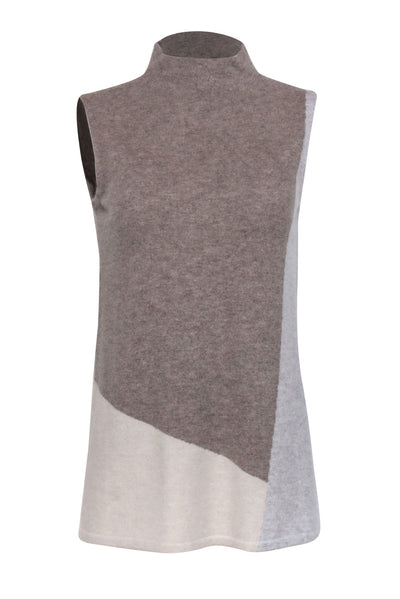 Current Boutique-Lafayette 148 - Brown, Beige, & Grey Sleeveless Mock Neck Cashmere Sweater Sz S