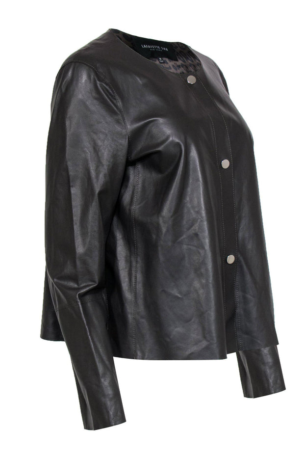 Current Boutique-Lafayette 148 - Brown Leather Button-Up Jacket w/ Leopard Print Interior Sz 10