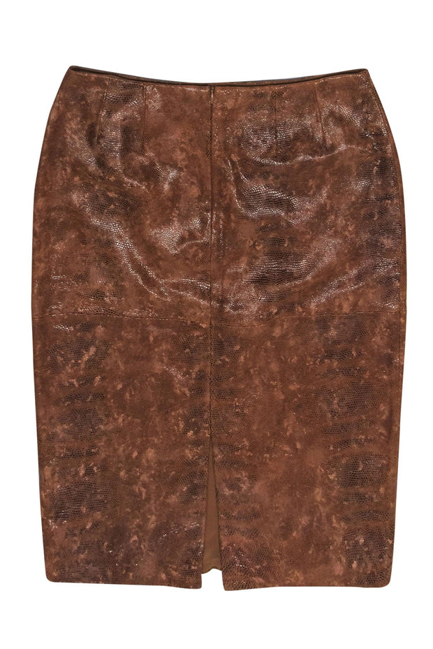 Current Boutique-Lafayette 148 - Brown Leather Snakeskin Print Pencil Skirt Sz 6